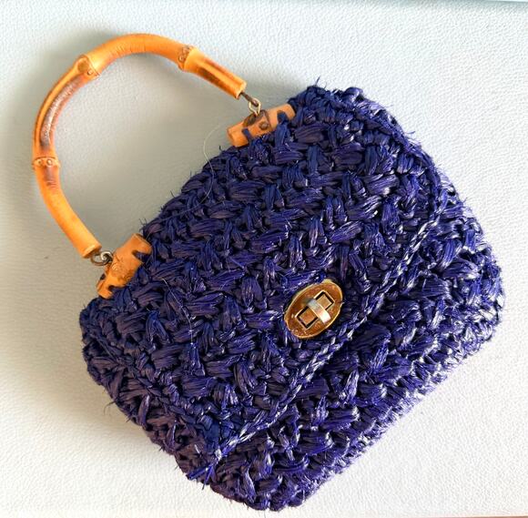 None Handbags - Vintage 1950s Micro Mini Cobalt Blue Woven Raffia Purse Miniature Bamboo Handle